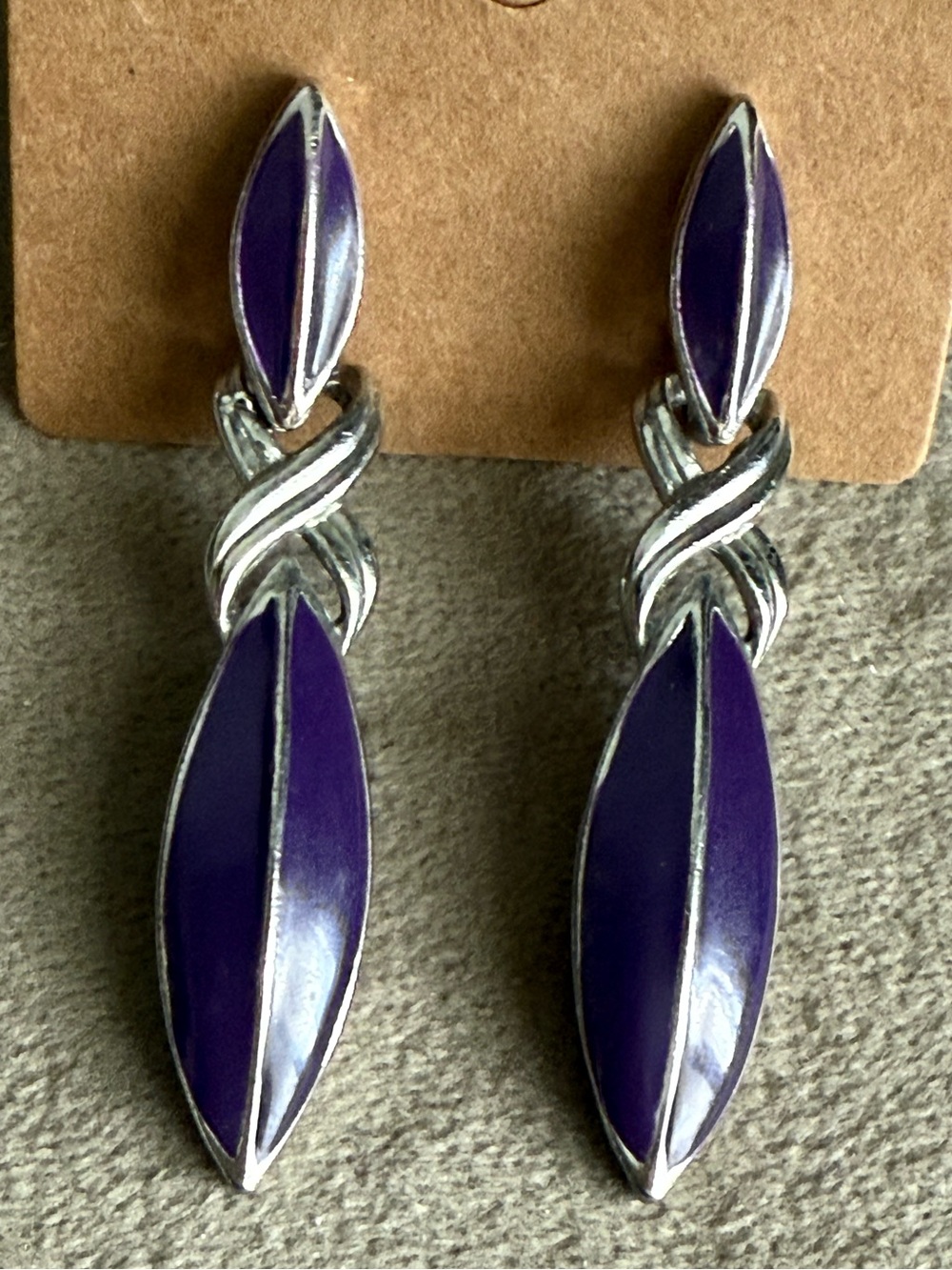 Purple Enamel Drop Earrings - Silver Tone